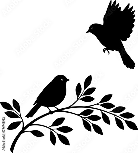 Two silhouette birds, one on a branch, one in flight, white background.