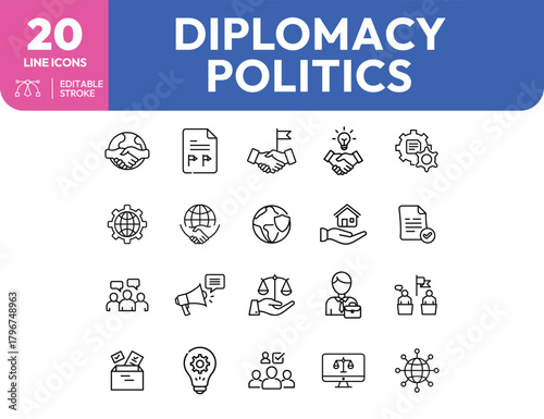 Diplomacy and Politics A Collection of Twenty Editable Stroke Line Icons