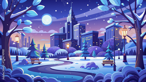 A dreamy winter night scene featuring a snowy city park glowing under twinkling star trails, a bright full moon, frosted trees, and gentle snowfall, creating a magical and peaceful atmosphere