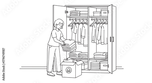 Closet Organization Line Art: Person Decluttering Wardrobe, Folding Clothes for Donation or Storage