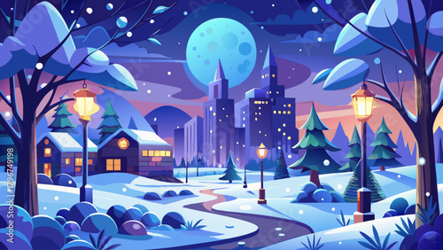 A calm and enchanting winter city scene featuring glowing stars scattered across the night sky, a large full moon, glistening snow, and silent park paths surrounded by snowy trees