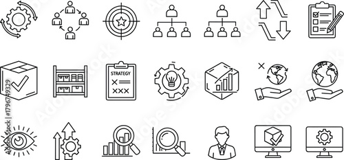 Essential set of black outline icons representing core business strategy, data analysis, global management, operational optimization, logistics.