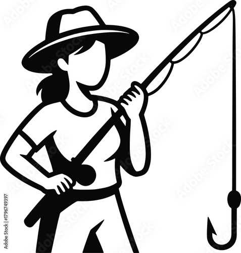 Black and white clipart illustration of a woman fishing with a rod and hook female angler