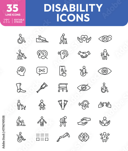 Disability Icons Line Art Depicting Various Physical and Mental Challenges and Support Systems