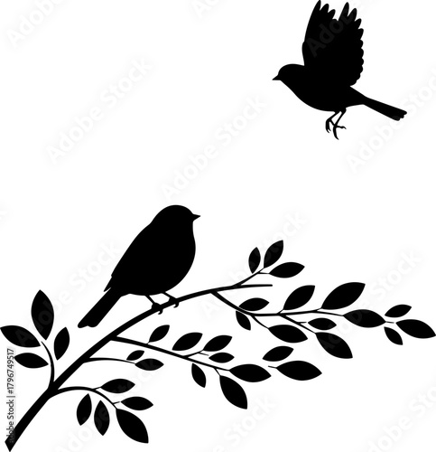Two silhouette birds, one on a branch, one in flight, white background.