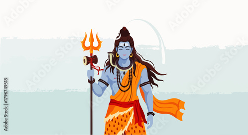 Flat vector illustration of Lord Shiva standing holding a trident in his hand.