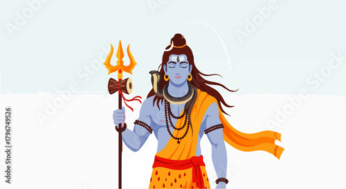 Flat vector illustration of Lord Shiva standing holding a trident in his hand.