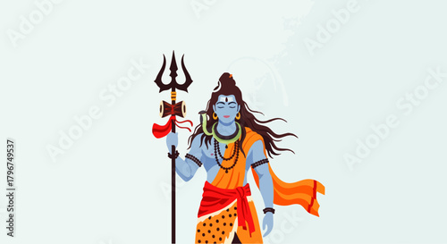 Flat vector illustration of Lord Shiva standing holding a trident in his hand.