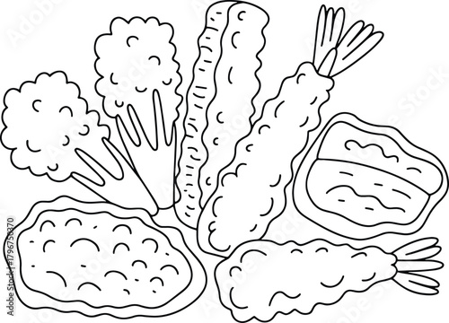 Black and white line art illustration of assorted tempura dishes and vegetables shrimp tempura