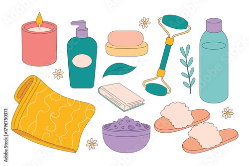 Vector illustration of a collection of spa and selfcare items including a candle, soap, lotion, towel, bath bomb, face roller, and slippers, isolated on a