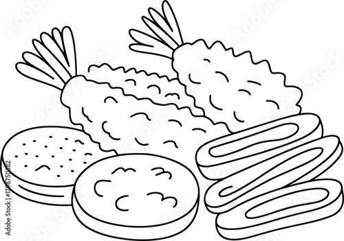 Black and white line art illustration of fried shrimp and round food items tempura seafood