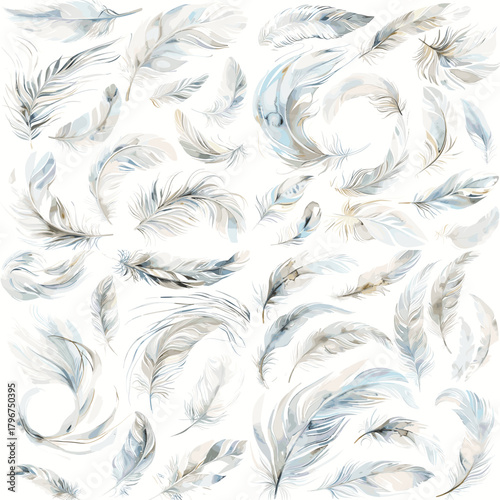 Airy watercolor feather pattern with swirling, flowing plumes in white, blue, and gray. Elegant abstract background for textiles, wallpapers, packaging, and serene modern decor.
