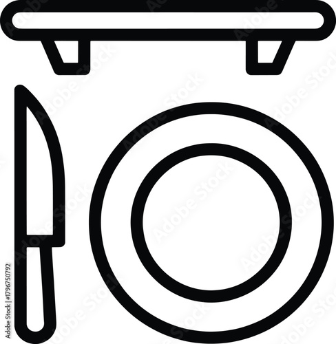 Black and white outline of a plate knife and cutting board food dining