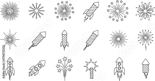 Black and white icon set of fireworks bursts and rockets for festive and celebratory design