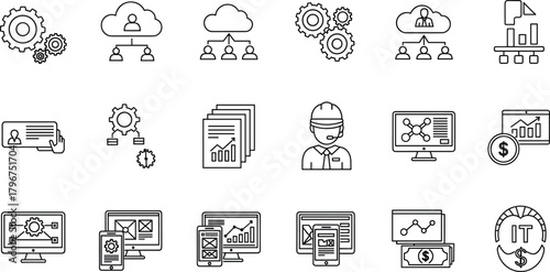 Black and white outline icons for business, technology, and data analytics