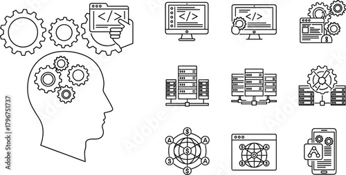 Black and white outline icons for software development, system architecture, and data infrastructure