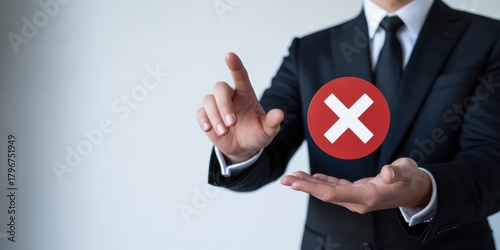 Rejection concept with businessman and red cross symbol for failure and negative decision making sign