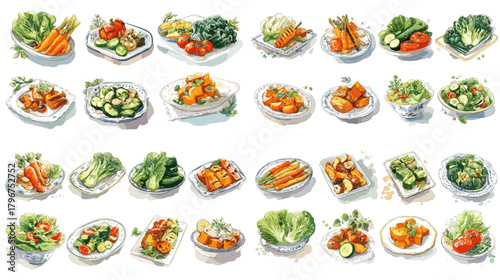 Big set of watercolor salads and vegetable dishes on plates and bowls. Fresh healthy food illustrations—perfect for menus, recipes, nutrition content, restaurant branding, and blogs.