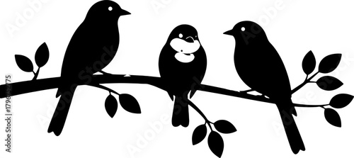 Three silhouette birds perched on a branch with leaves