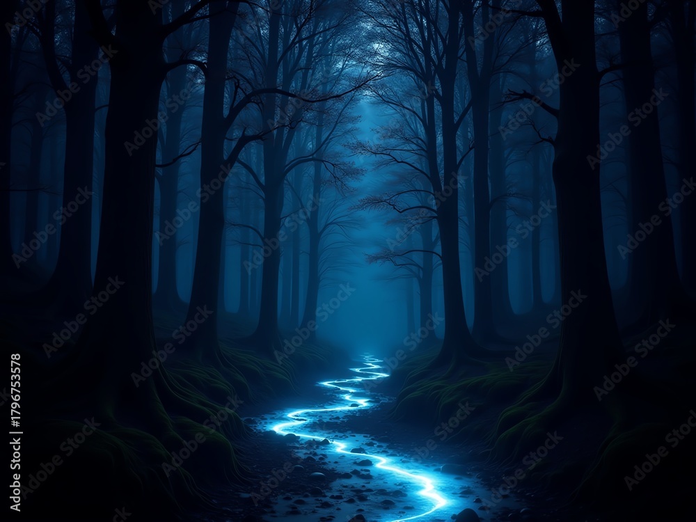 Fototapeta premium Mysterious dark forest path with glowing blue stream.