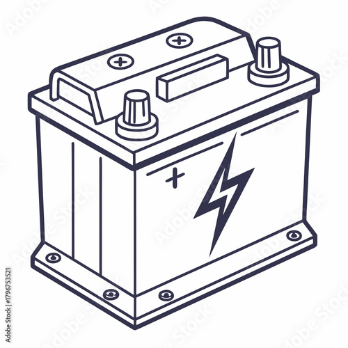 Illustration of a car battery, featuring a lightning bolt symbol, terminals, and a sturdy casing in a clear, schematic style drawing