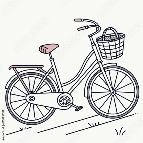 Illustration of a bicycle with a basket on a, perfect for a leisurely ride through the park or a charming addition to any design project