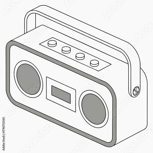 Isometric illustration of a retro boombox, a vintage portable stereo with speakers and buttons, a nostalgic symbol of music and entertainment