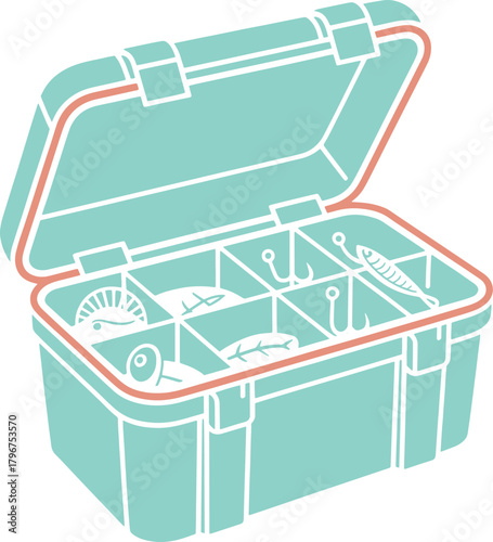 Open teal fishing tackle box with hooks lures and fish icons coral white