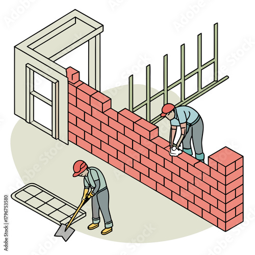 Construction workers building a brick wall masonry, construction, building, bricklaying, brickwork, house, home, architecture
