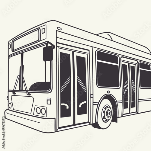 Illustration of a city bus with a boxy design, large windows, and a visible windshield wiper the bus is drawn in a simple, clean style