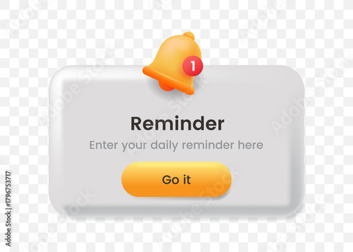 3D reminder notification popup with a glossy bell icon and action button for app or web interface.