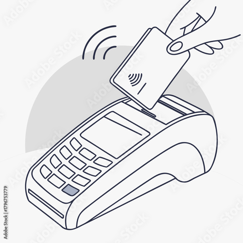 Contactless payment with credit card and terminal hand holding credit card near pos terminal for quick payment