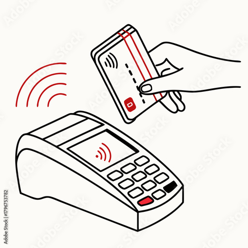 Contactless payment with credit card and terminal hand holding credit card near pos terminal for quick payment