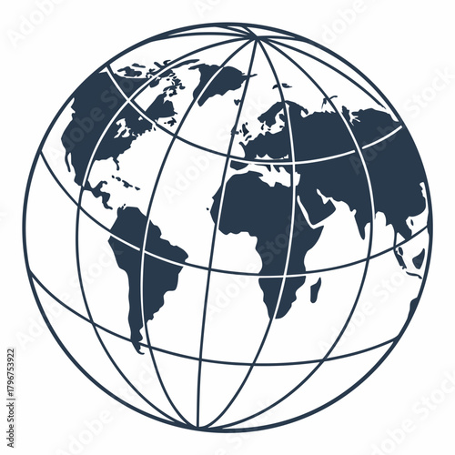 Illustration of a world globe with continents and meridians, perfect for geography, travel, or global themes