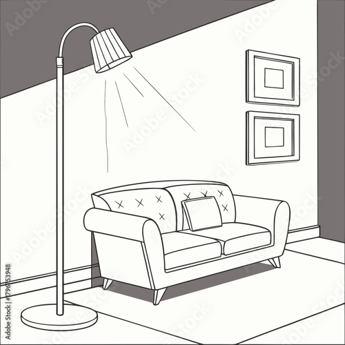 Elegant living room interior with sofa, floor lamp, and framed artwork, creating a stylish and inviting space