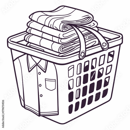 Laundry basket full of clean clothes, containing folded shirts and towels, ready for ironing and putting away in the closet