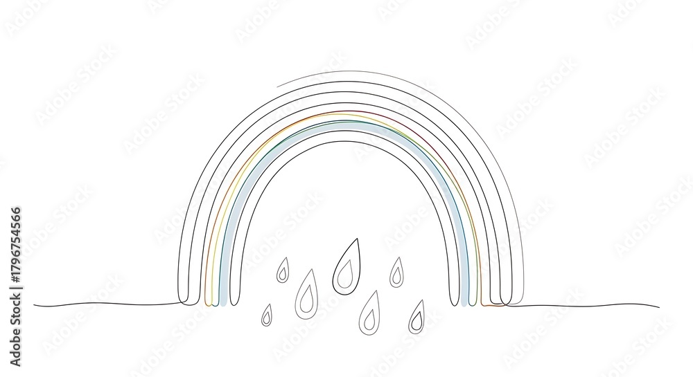 Fototapeta premium Vibrant rainbow arcs gracefully over falling raindrops, symbolizing hope and new beginnings with a clean, modern artistic style.