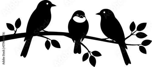 Three silhouette birds perched on a branch with leaves, simple graphic