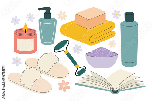 Vector illustration of a relaxing spa and selfcare set featuring a lit candle, soap dispenser, fluffy slippers, jade roller, bath salts, folded towel, and an open book