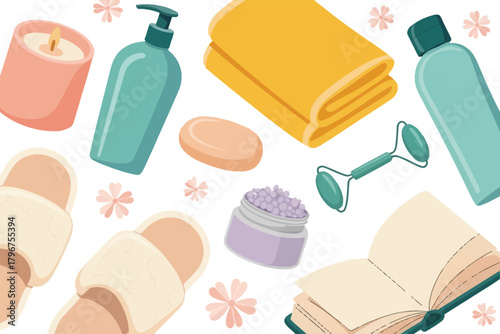 Vector illustration of a serene collection of selfcare and relaxation items, including a candle, soap dispenser, fluffy slippers, jade roller, bath salts, folded towel, and an open book