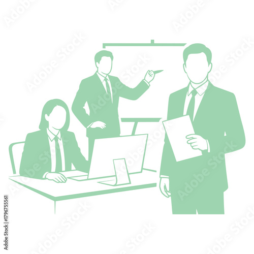 Three business people in suits in an office setting with a computer and whiteboard meeting presentation