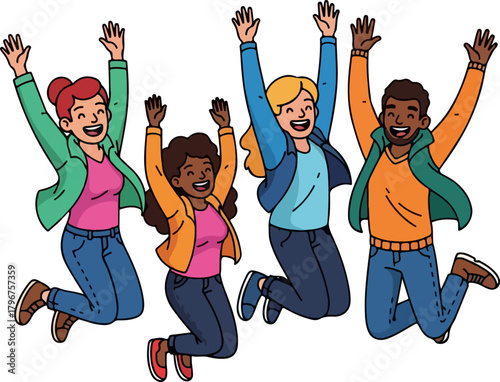 Diverse Group of Friends Jumping for Joy and Celebrating Success Together