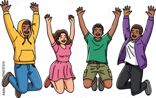 Diverse Group of Friends Jumping Joyfully Together Outdoors