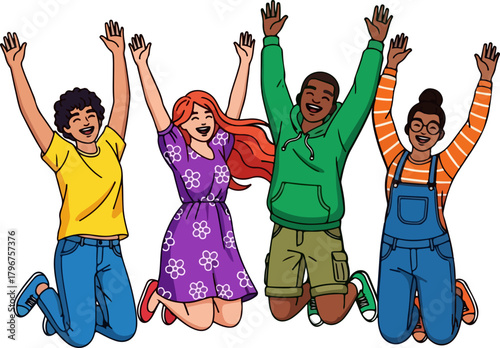 Diverse Group of Friends Jumping Joyfully Together Outdoors