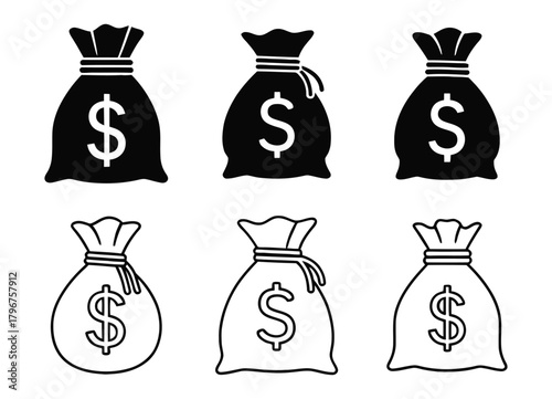 Collection of Six Financial Money Bags with Dollar Symbols for Wealth Management