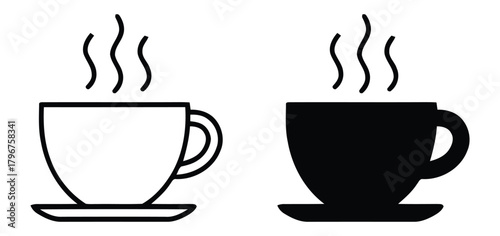 Steaming hot beverage cups in white outline and black silhouette for cafe and drink menus