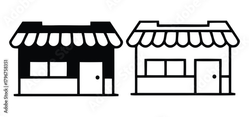 Simple black and white storefront building shop icons with striped awnings