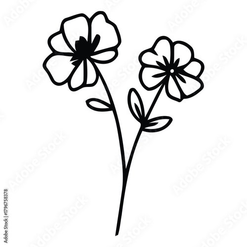 Minimalist black outline illustration of two delicate blooming flowers on stems