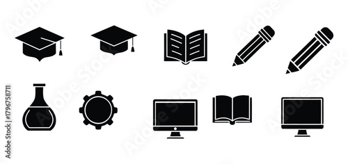 Various Black Silhouette Education and Academic Vector Icons Collection