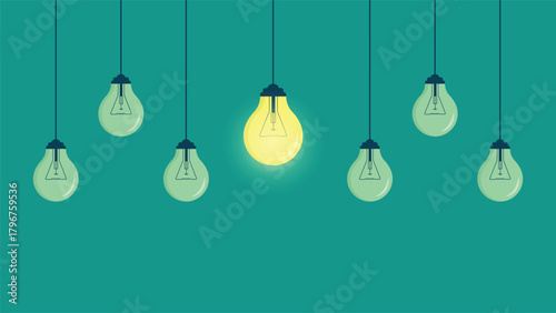 Creative hanging light bulbs background featuring a glowing yellow bulb standing out among dim bulbs perfect for ideas inspiration leadership innovation concepts and modern minimal themes